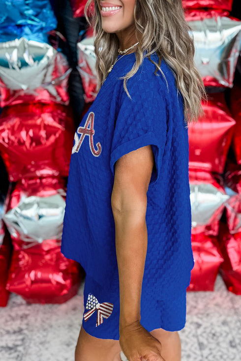 Sky Blue Sequined USA Bowknot Buttoned Back Textured Short Set